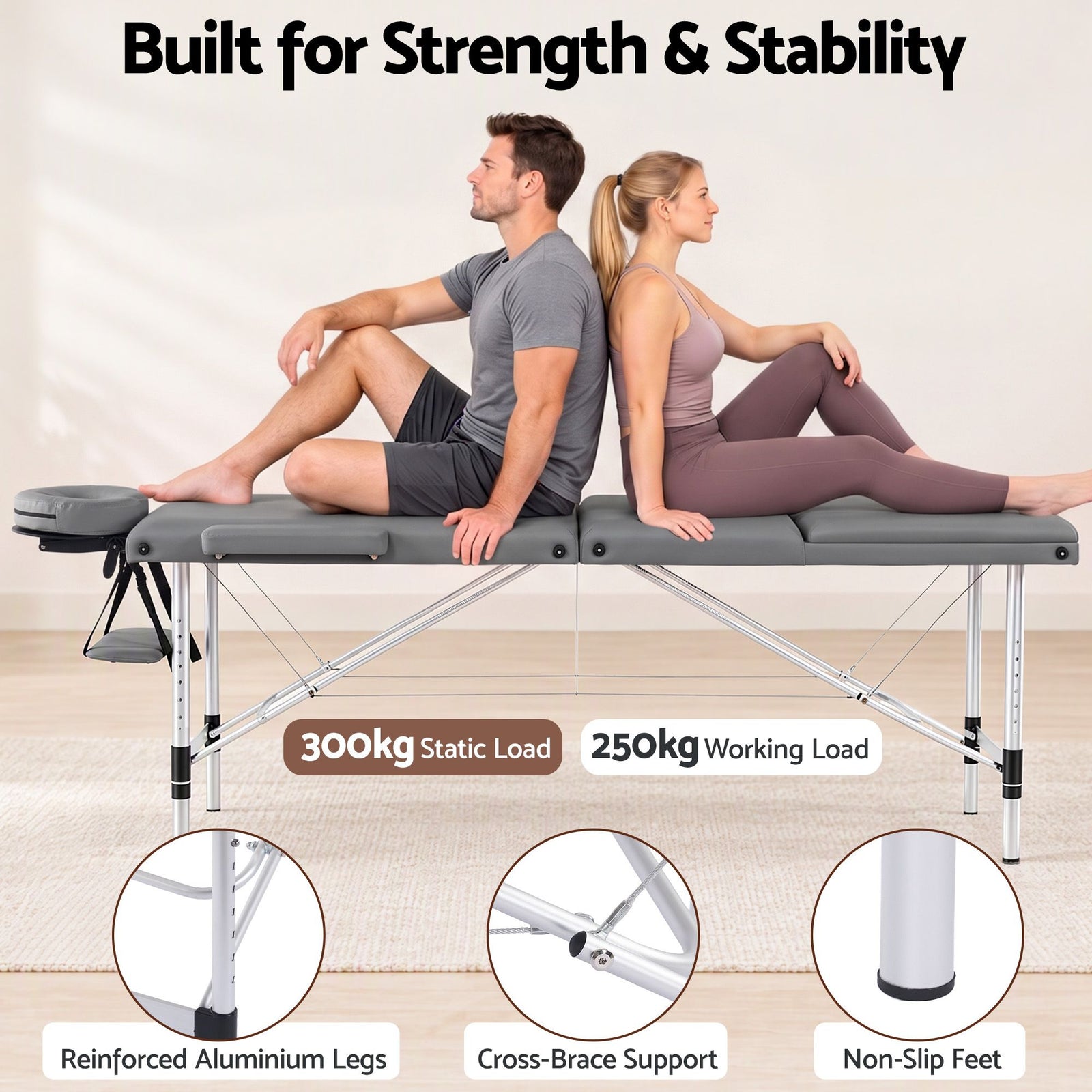 Zenses 3-Fold Portable Massage Table 80cm Adjustable Backrest & Height, Aluminium Beauty Bed Grey