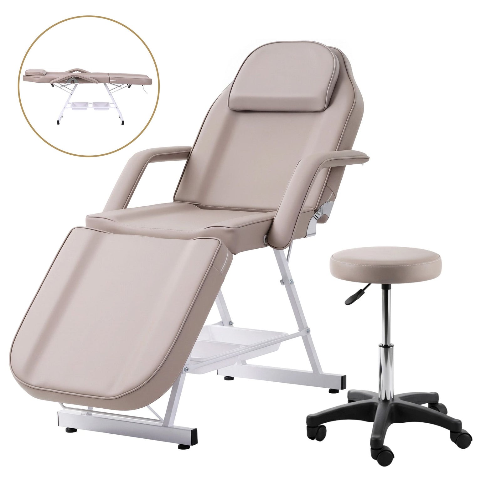 Zenses Beauty Bed with Stool, Beige, Adjustable Facial Massage Table, Tattoo Chair, Salon Services