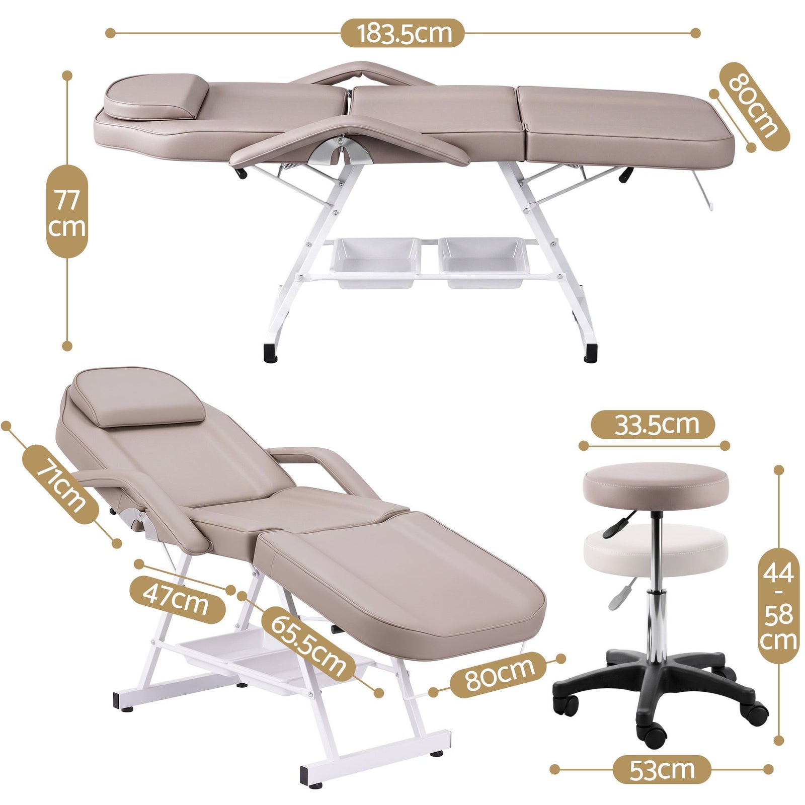 Zenses Beauty Bed with Stool, Beige, Adjustable Facial Massage Table, Tattoo Chair, Salon Services