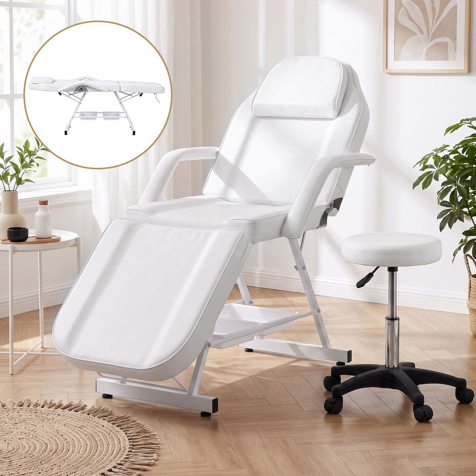 Zenses Beauty Bed with Stool, White, Adjustable Facial Massage Table, Tattoo Chair, Salon Services