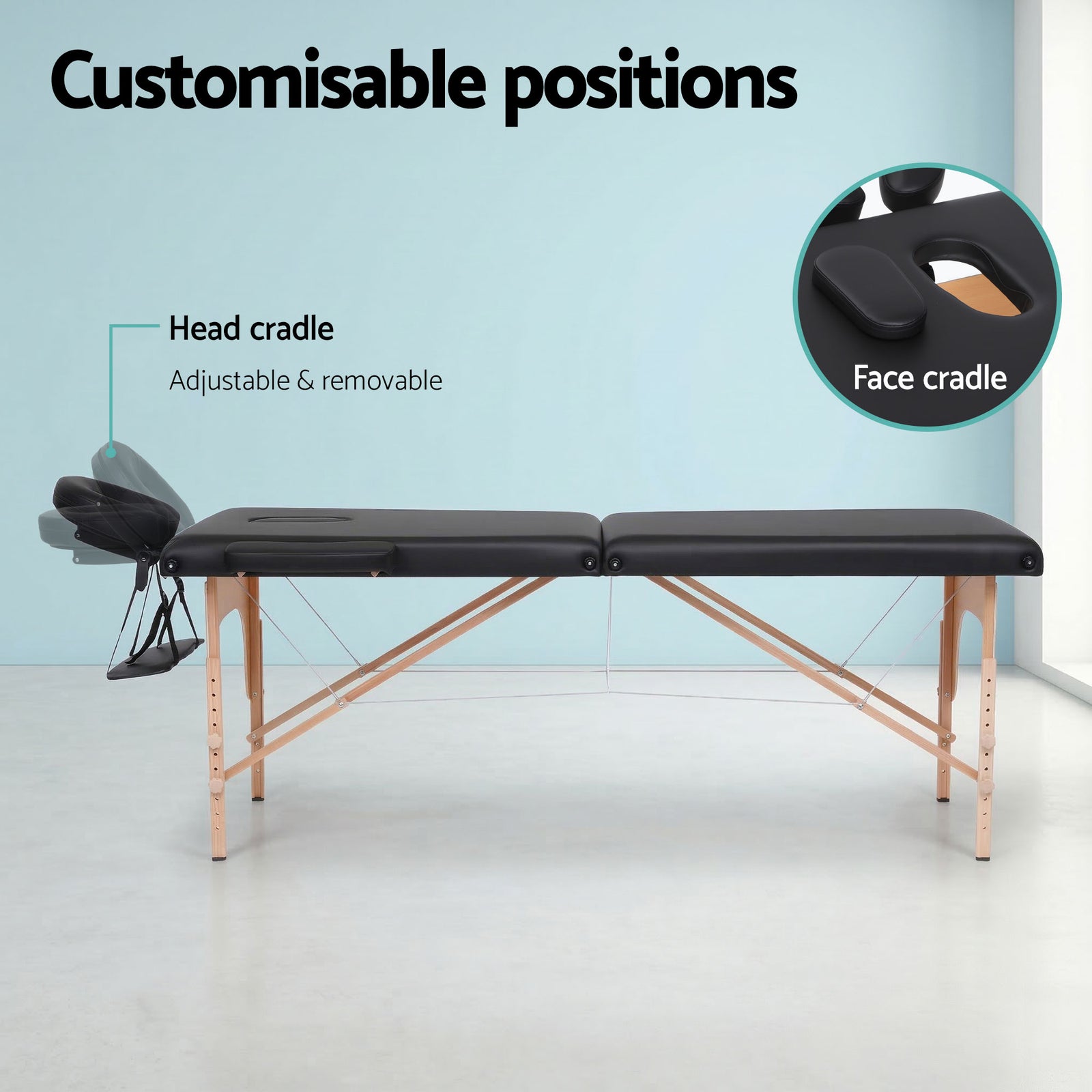 Zenses Massage Table 70cm Portable 2 Fold Wooden Beauty Waxing Therapy Bed Black