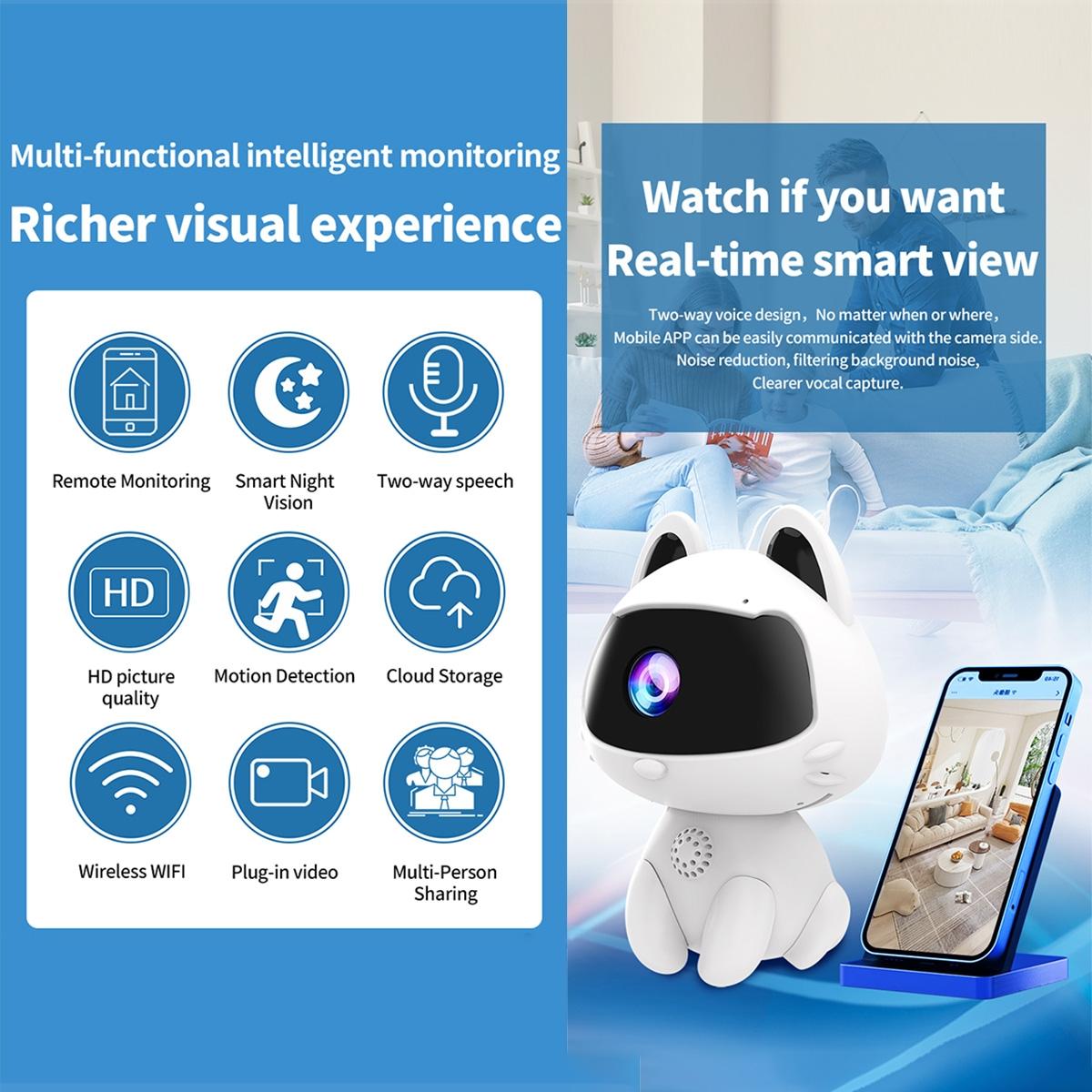 Smart Home Camera With Night Vision & Two-Way Voice & Motion Detection - Cute Pets White-1964932158812459013