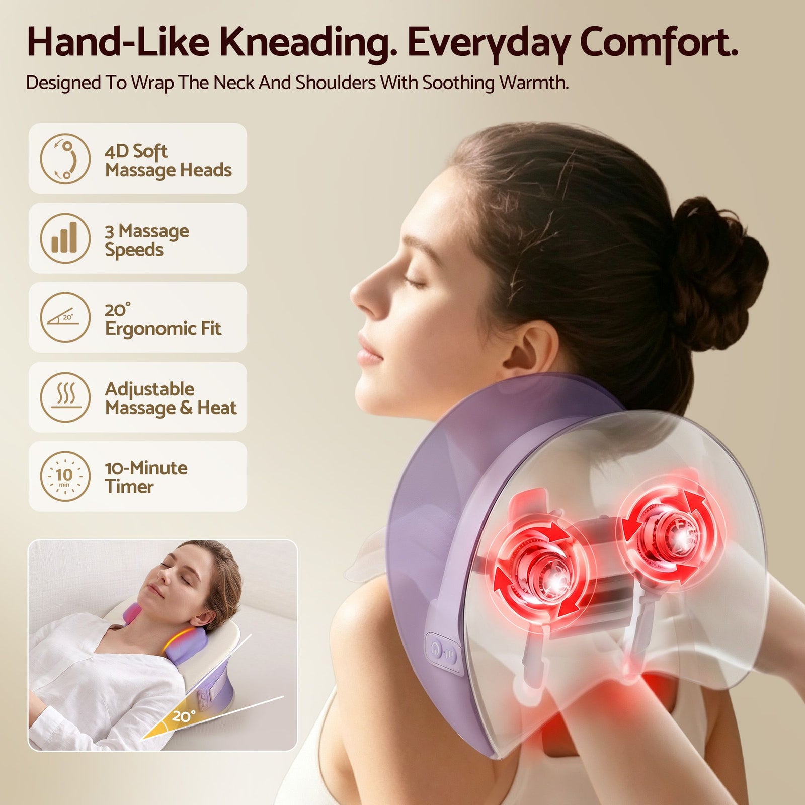 Livemor Neck & Shoulder Massage Pillow with Heat, Cordless 4D Kneading Massager for Home & Office