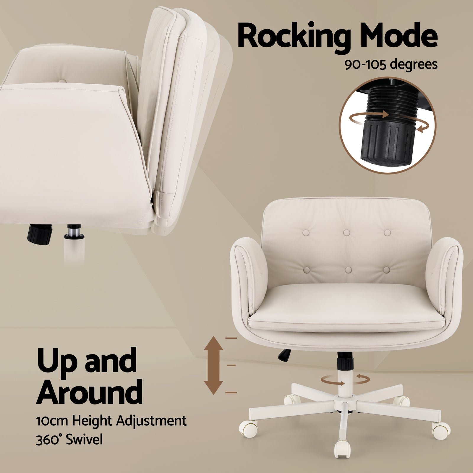 Artiss Criss Cross Chair with Wheels & Adjustable Armrests, Ergonomic Cross Legged Office Desk Chair PU Leather Vanity Chair Swivel for Home, Make Up, Bedroom, Computer, Beige