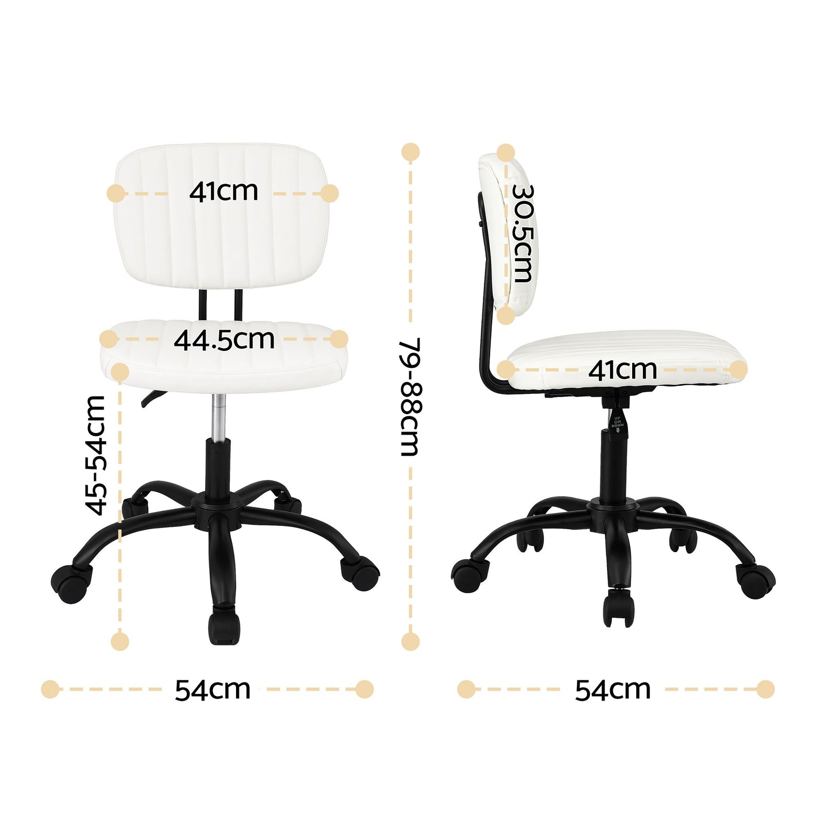Artiss Armless Office Chair with Wheels, Ergonomic PU Leather Office Desk Chair, Height Adjustable 360° Swivel Computer Task Chair for Home Office, Study Room & Small Space, White
