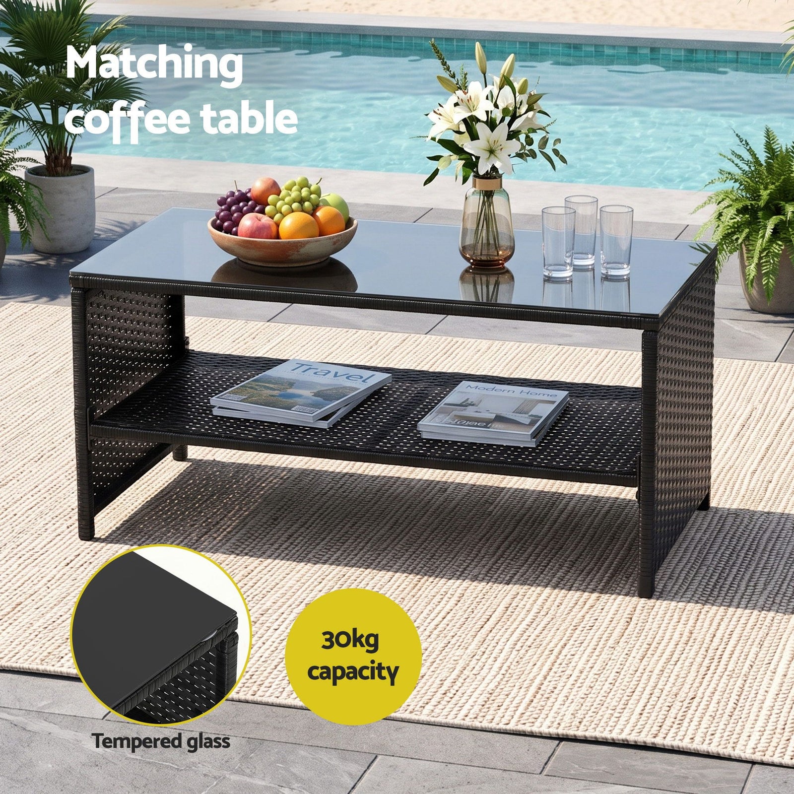 Gardeon 4-Piece Outdoor Sofa Set Coffee Table Chair Rattan Furniture Black