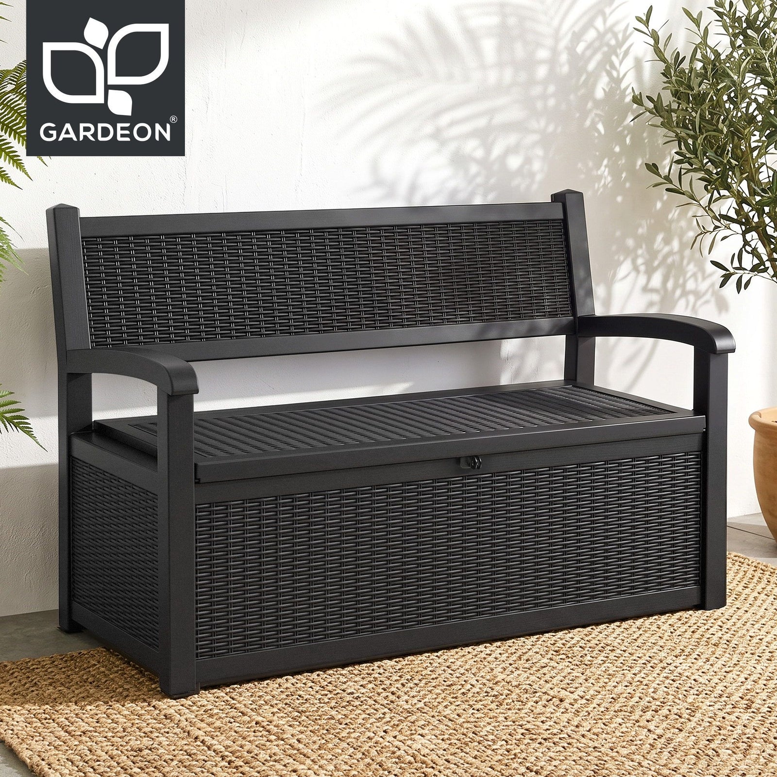 Gardeon Outdoor Storage Box Bench 254L Resin Armset Backrest Lockable Black