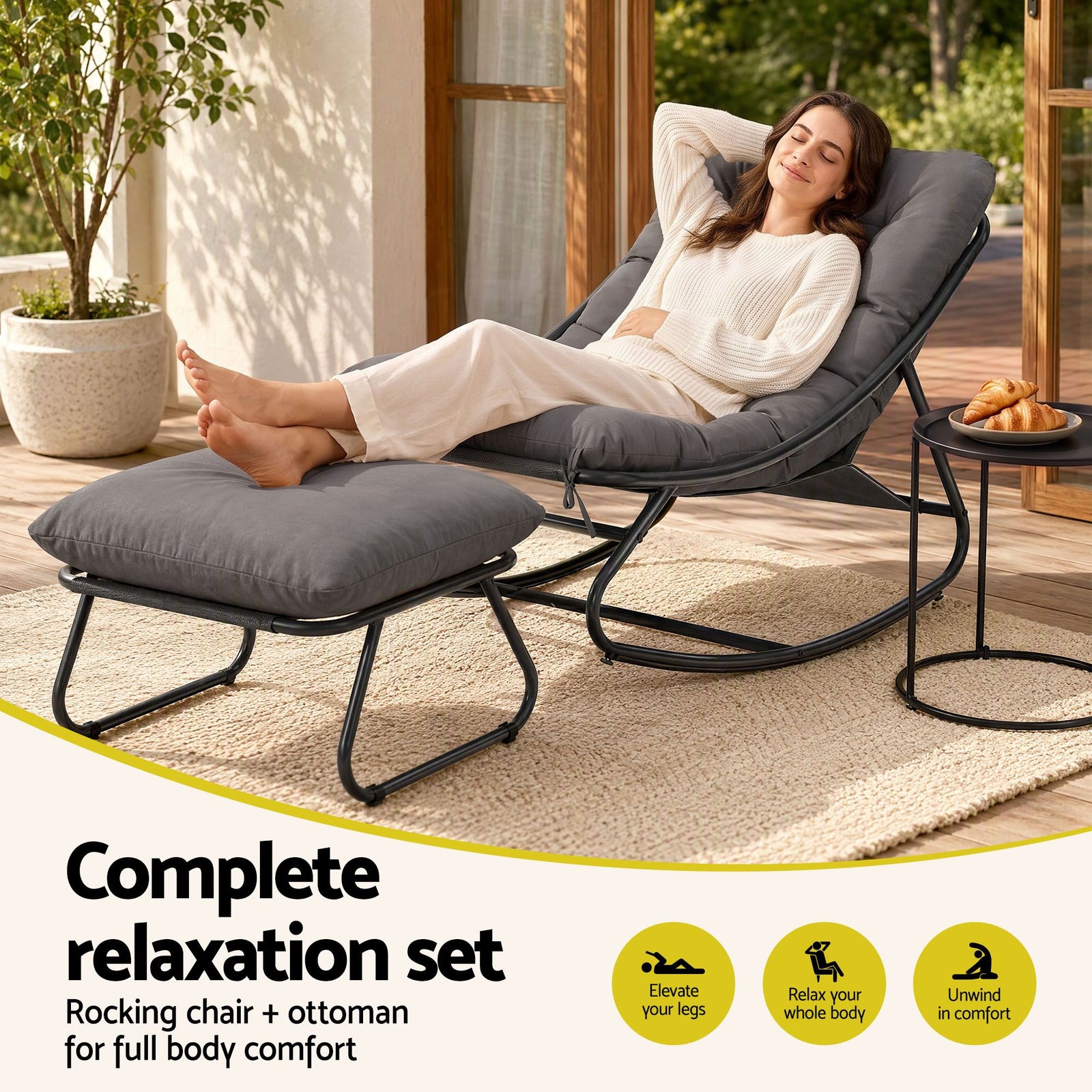 Gardeon Rocking Chair with Footrest Mesh Seat Cushion Outdoor Chairs Grey