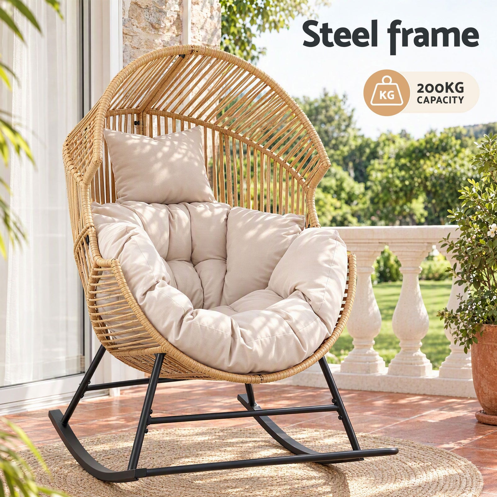 Gardeon Outdoor Egg Rocking Chair Rattan Lounger with Thick Cushion Patio Furniture Natural