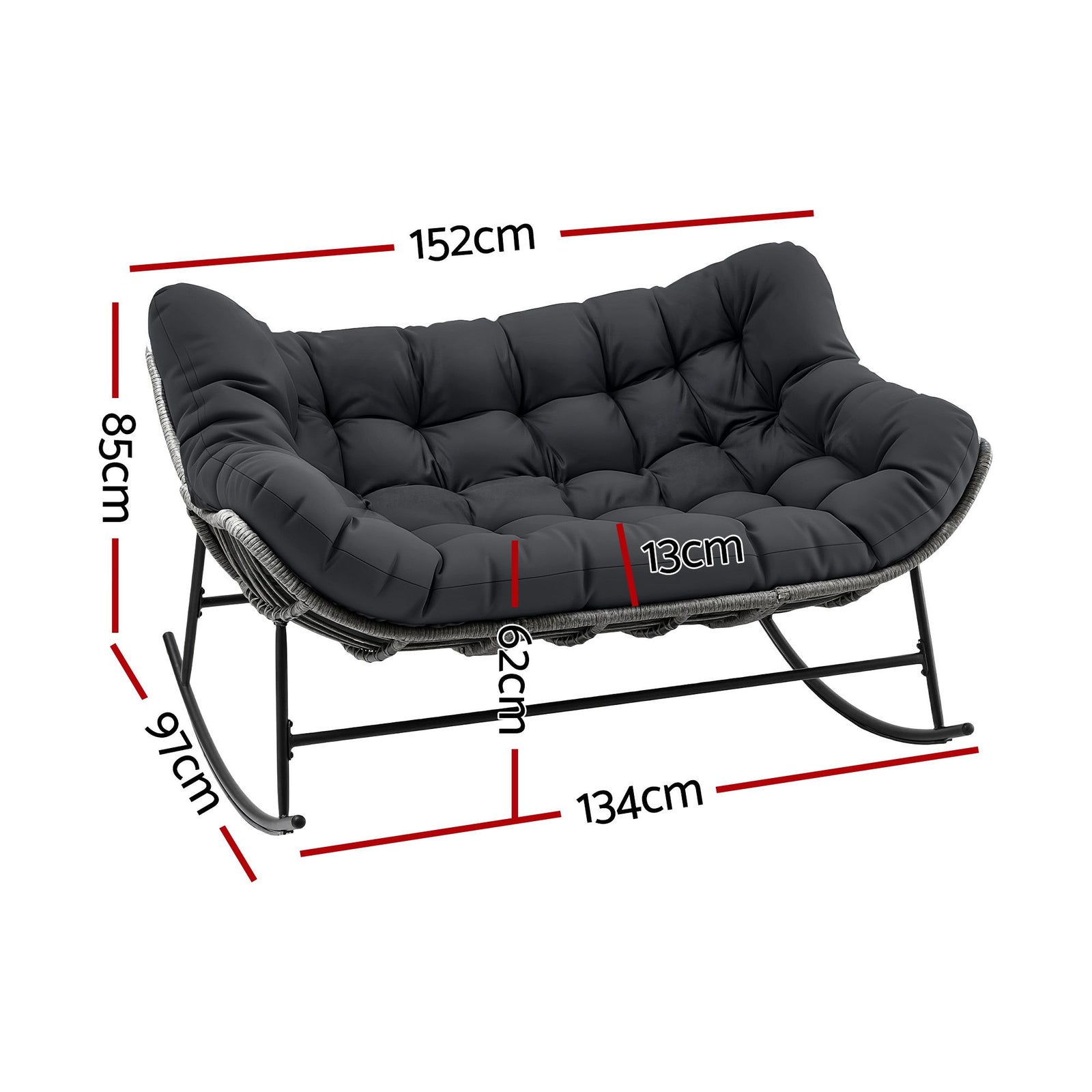 Gardeon Outdoor Rocking Chair Loveseat Wicker 2 Seater Cushion Patio Furniture Grey