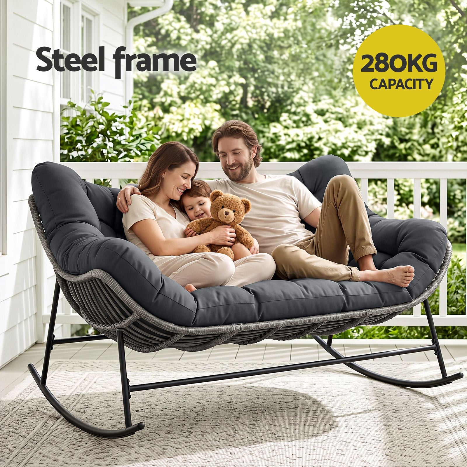 Gardeon Outdoor Rocking Chair Loveseat Wicker 2 Seater Cushion Patio Furniture Grey