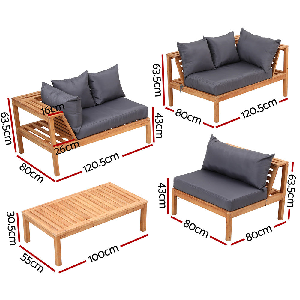 Gardeon 4 Pieces Outdoor Sofa Set 5-Seater Wooden Bench with Built-in Side Table