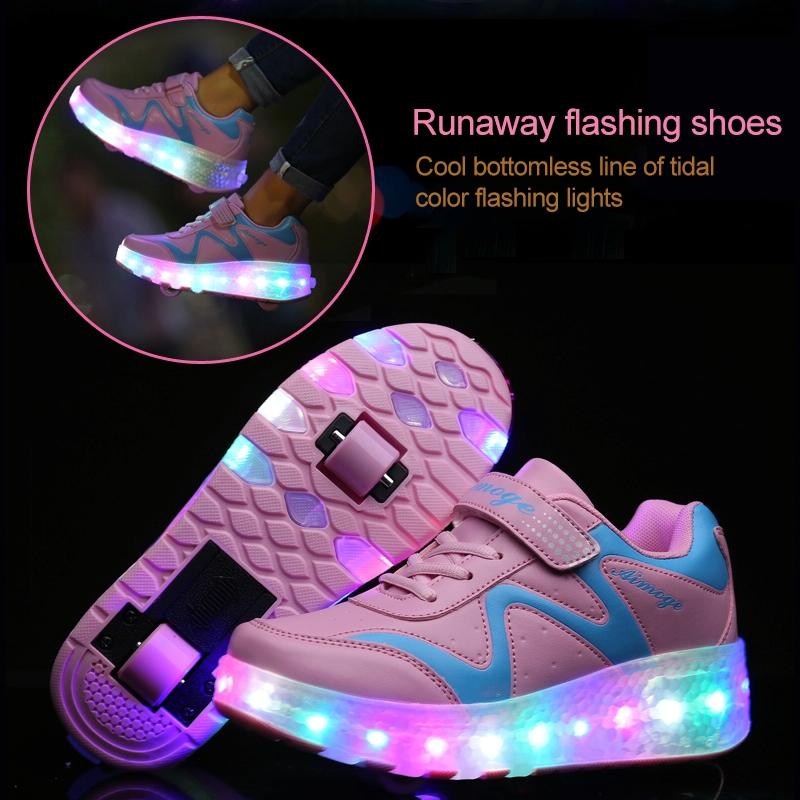 Rechargeable Double Wheel Roller Skating Shoes - Pink Size 35-1915196537097555973