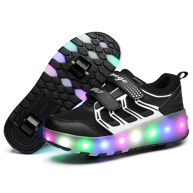 Rechargeable Double Wheel Roller Skating Shoes - Ultra Light Mesh Led Black - Size 42-1915196758577778689