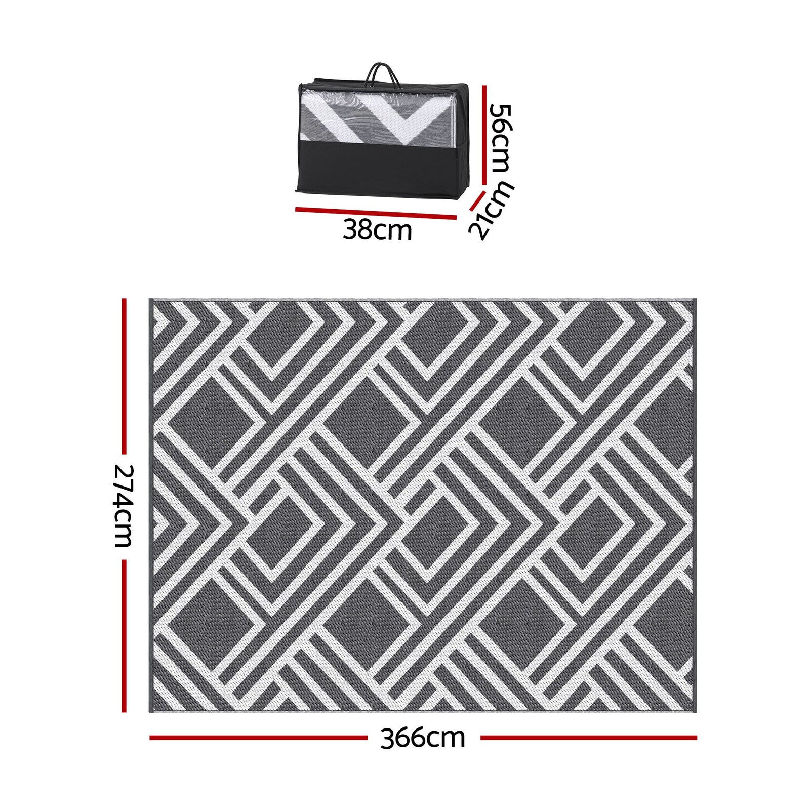 Gardeon Outdoor Rugs 274x366cm Reversible PP Dual-Sided Area Mat Large Carpet Patio Rug Grey
