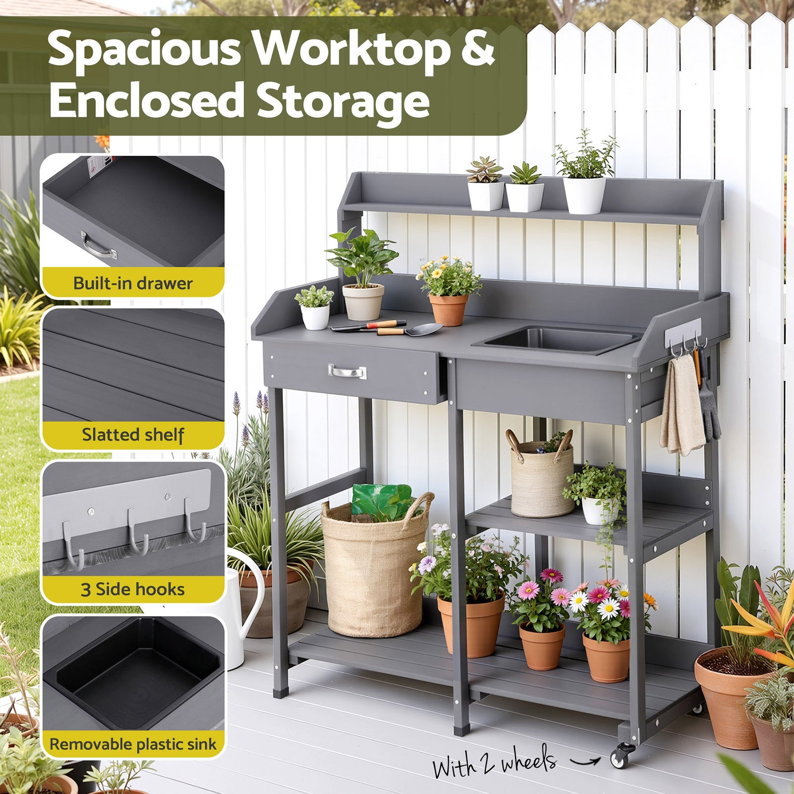 Gardeon Outdoor Potting Bench Table Storage Cabinet Potters Garden Workstation Grey