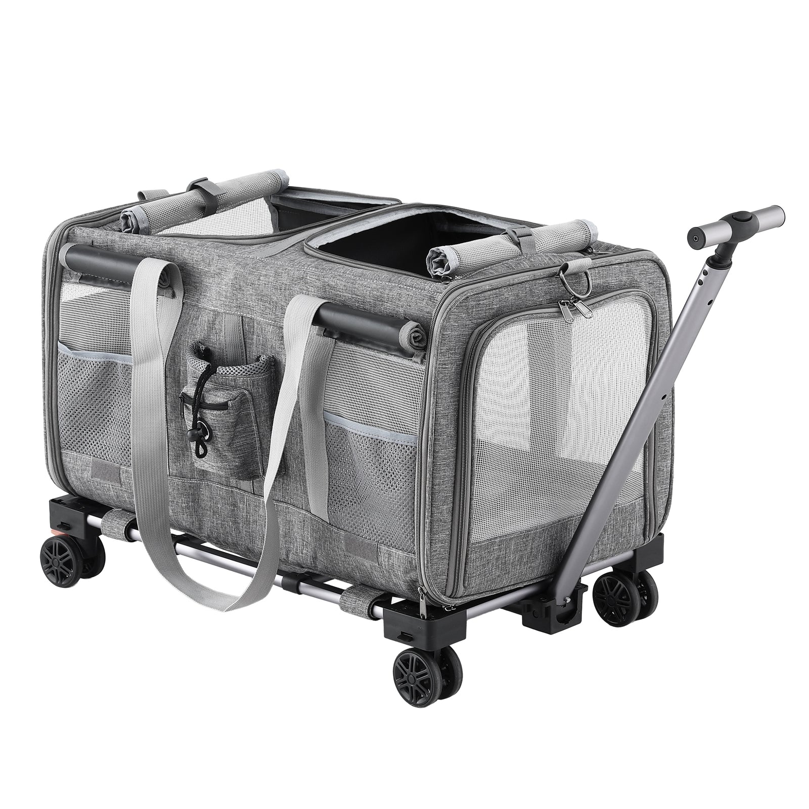 i.Pet Pet Carrier Swivel Wheels Foldable Cat Dog Trolley Stroller Travel Bag Grey
