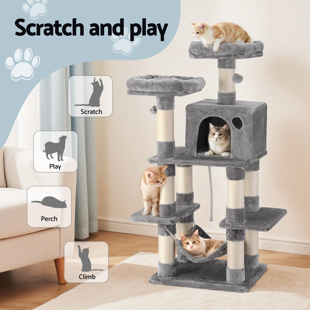 i.Pet Cat Tree 145cm Tower Scratching Post Trees Scratcher Condo House Light Grey
