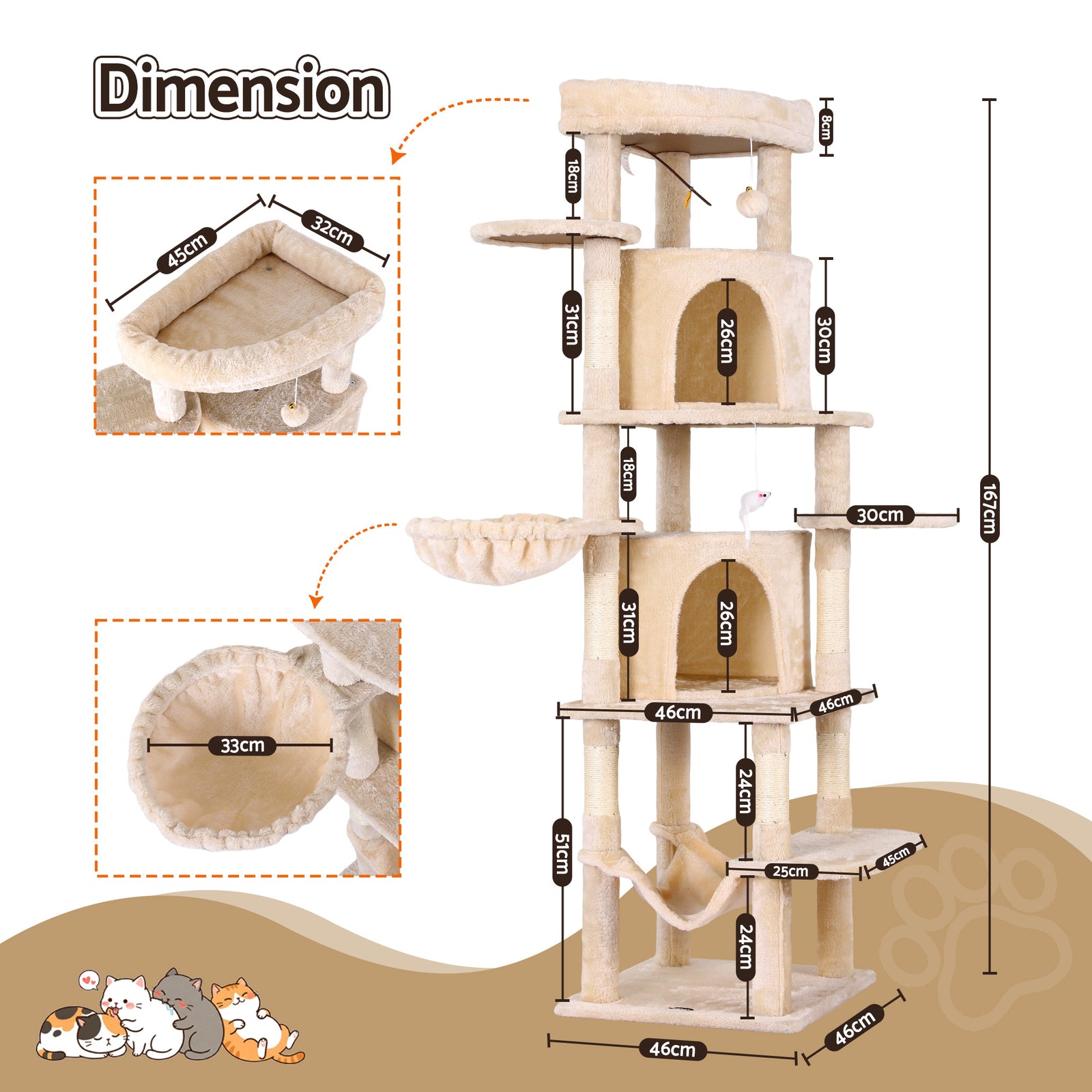 i.Pet Cat Tree Tower 167cm Large Scratching Post Furniture Scratcher House Beige