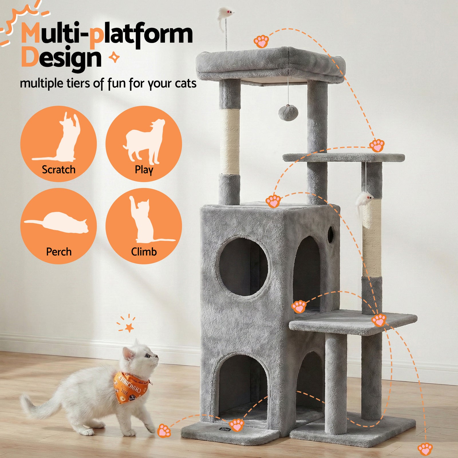 i.Pet Cat Tree Tower 127cm Scratching Post Furniture Scratcher House Light Grey