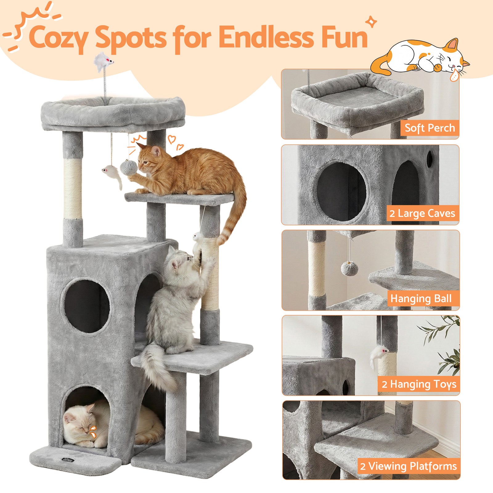 i.Pet Cat Tree Tower 127cm Scratching Post Furniture Scratcher House Light Grey