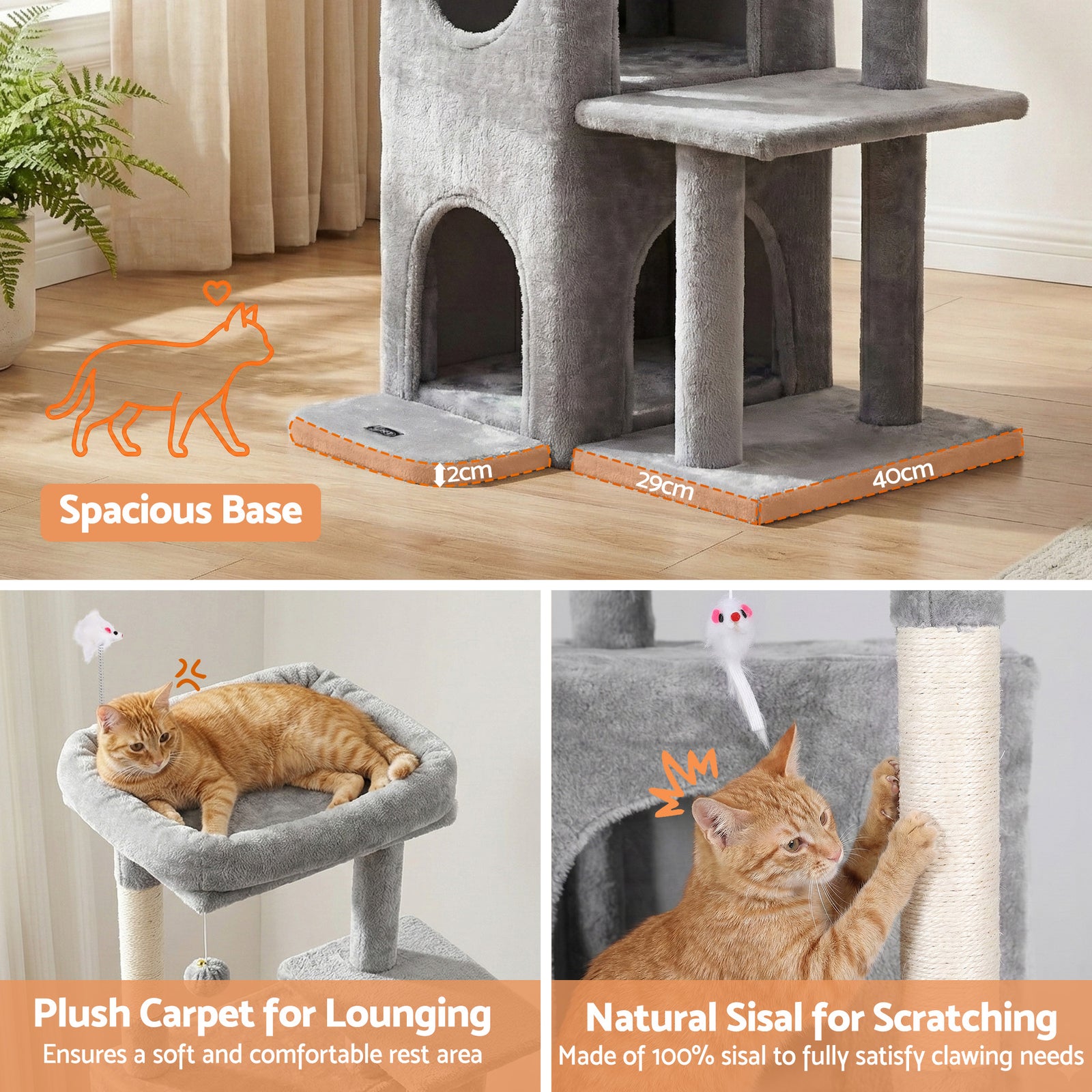i.Pet Cat Tree Tower 127cm Scratching Post Furniture Scratcher House Light Grey