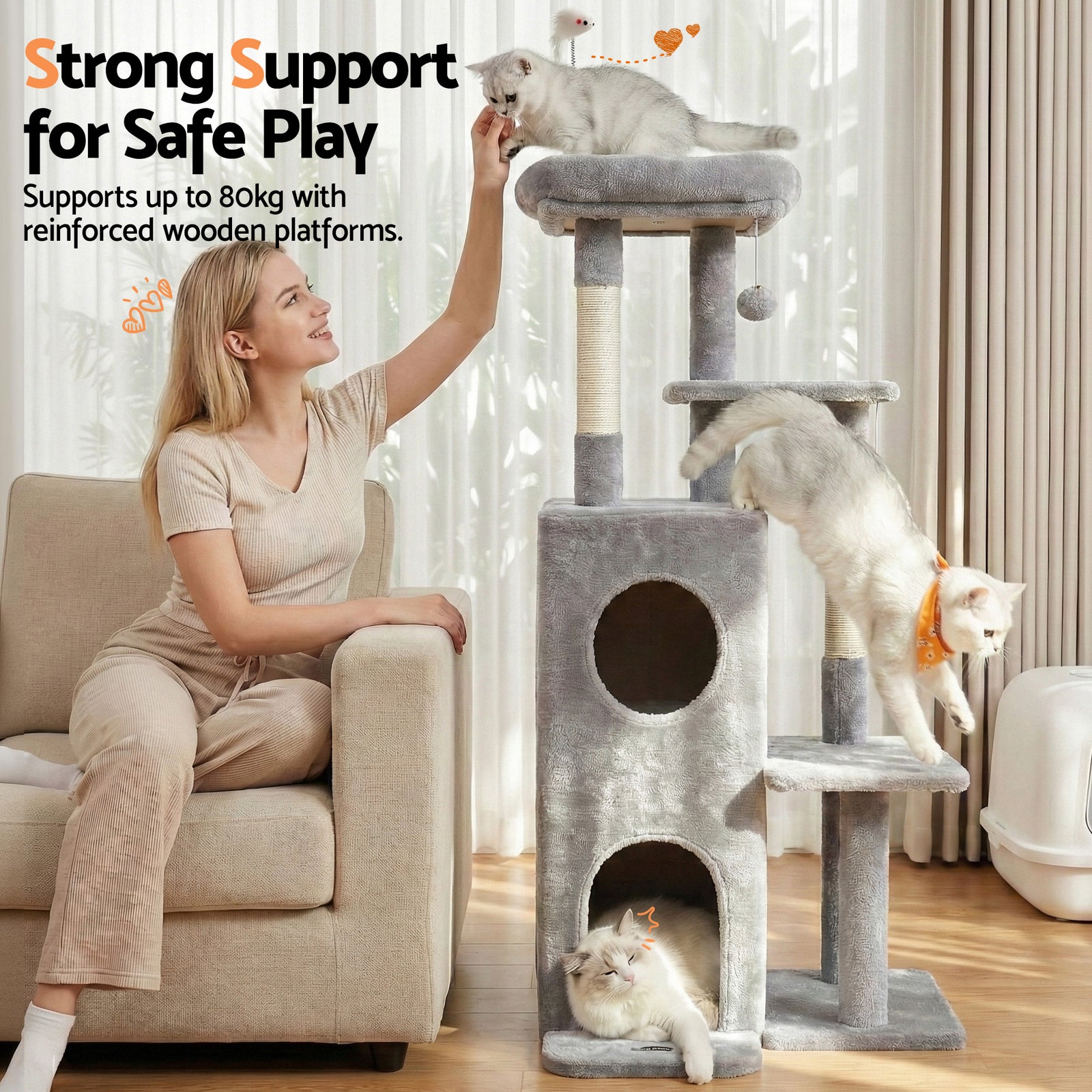 i.Pet Cat Tree Tower 127cm Scratching Post Furniture Scratcher House Light Grey