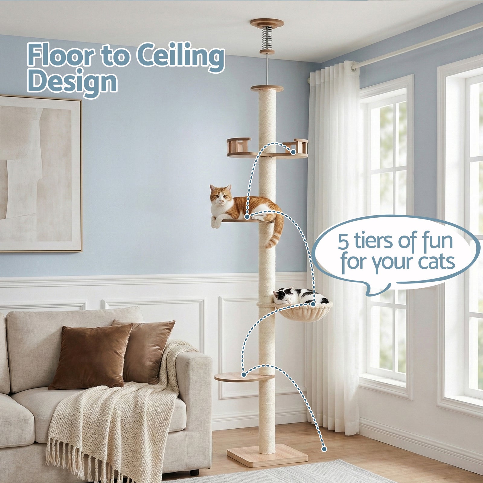 i.Pet Cat Tree Tower Floor to Ceiling Scratching Post 270cm Beige