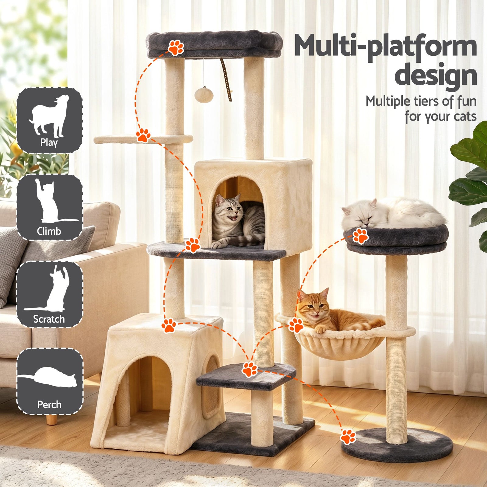 i.Pet Cat Tree Tower 133cm Rotatable L-Shape Design Scratching Post Furniture Scratcher House Grey & Beige