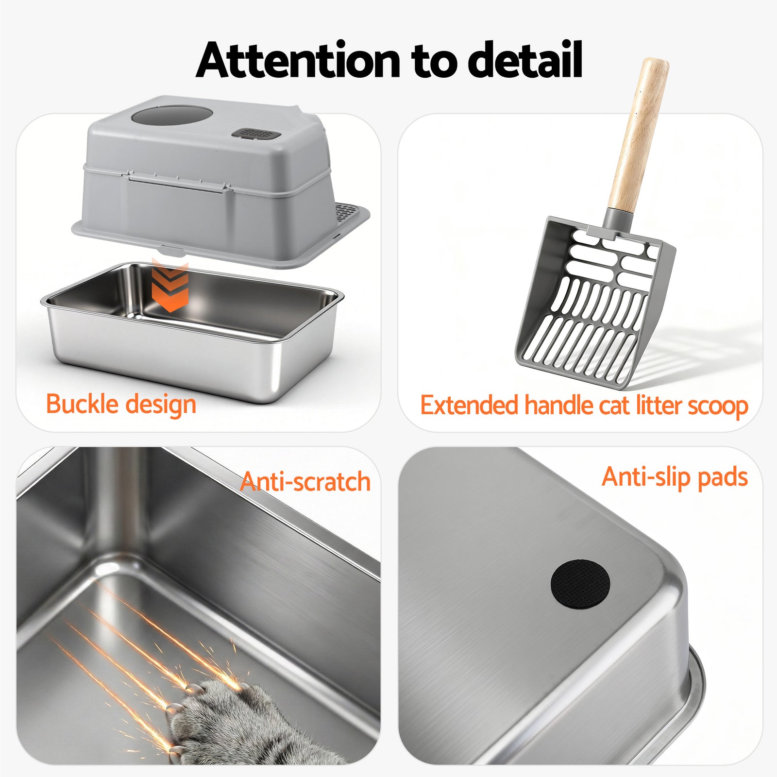 i.Pet Cat Litter Box Large Stainless Steel High Sided Pet Toilet Odour Control