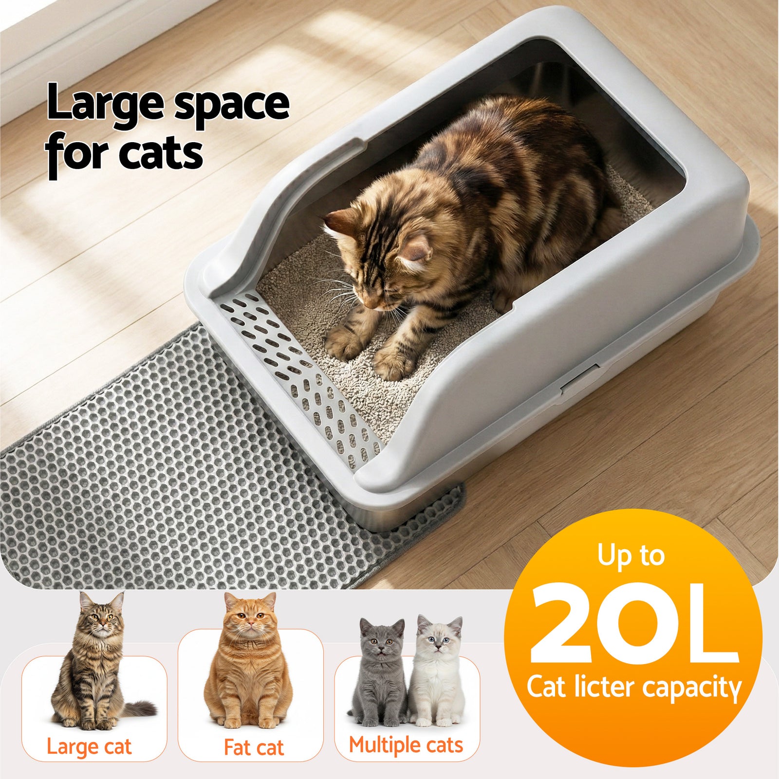 i.Pet Cat Litter Box Stainless Steel Large Semi-Enclosed Pet Kitty Toilet Grey