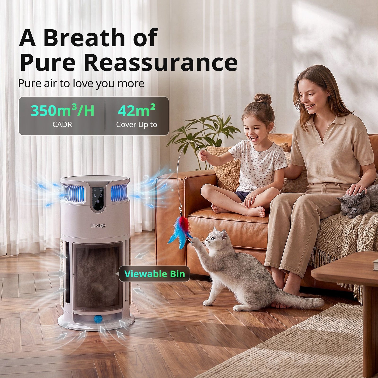 LUVIMO Pet Air Purifier H13 HEPA Smart Air Cleaner CADR 350 w/ Cat Toys for Home