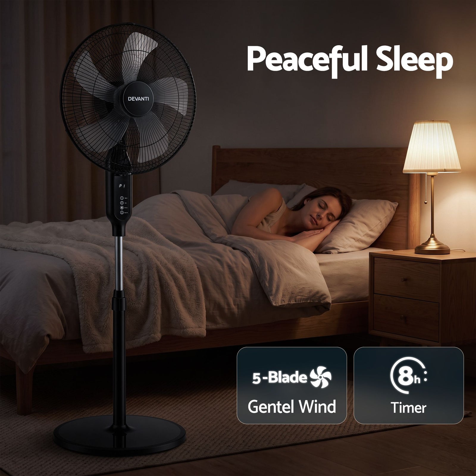 DEVANTI 16" Pedestal Fan with Remote 3 Speeds 8H Timer, Black