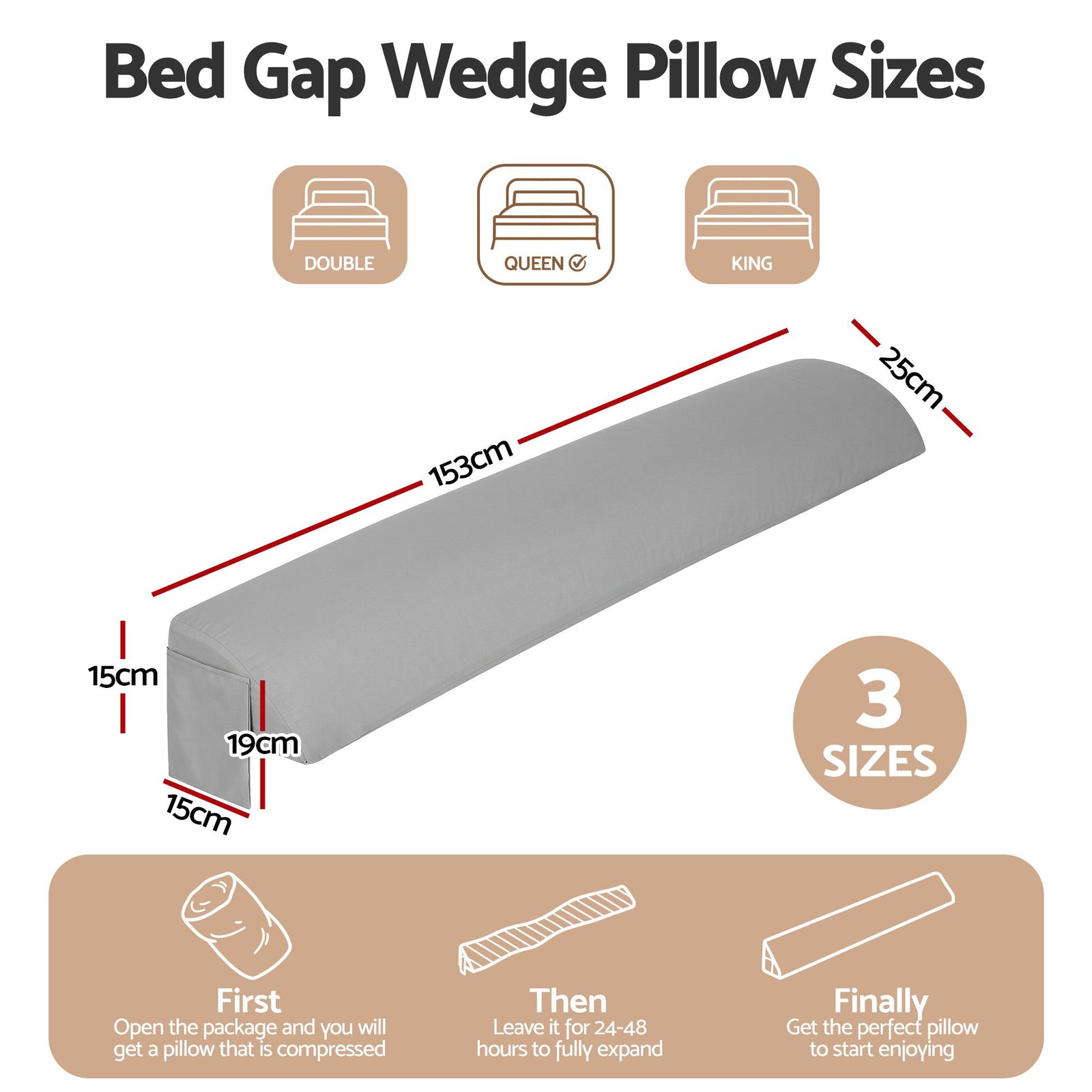 Giselle Queen Bed Wedge Pillow For Headboard, Close Gap And Stop Pillows Sliding, Perfect For Dorm Or Tatami Reading, 25D Foam Mattress Gap Filler With 2 Side Pockets, Washable 110gsm Cover