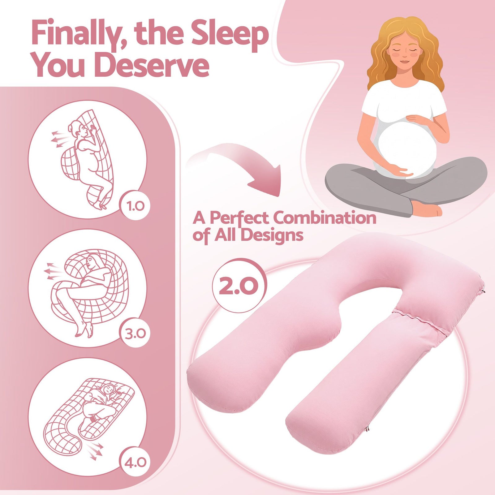 Giselle Bedding Pregnancy Pillow U Shaped Full Body Pillow with 100% Cotton Jersey Cover Maternity Pillow for Sleeping Reading, Pink, 73x133cm