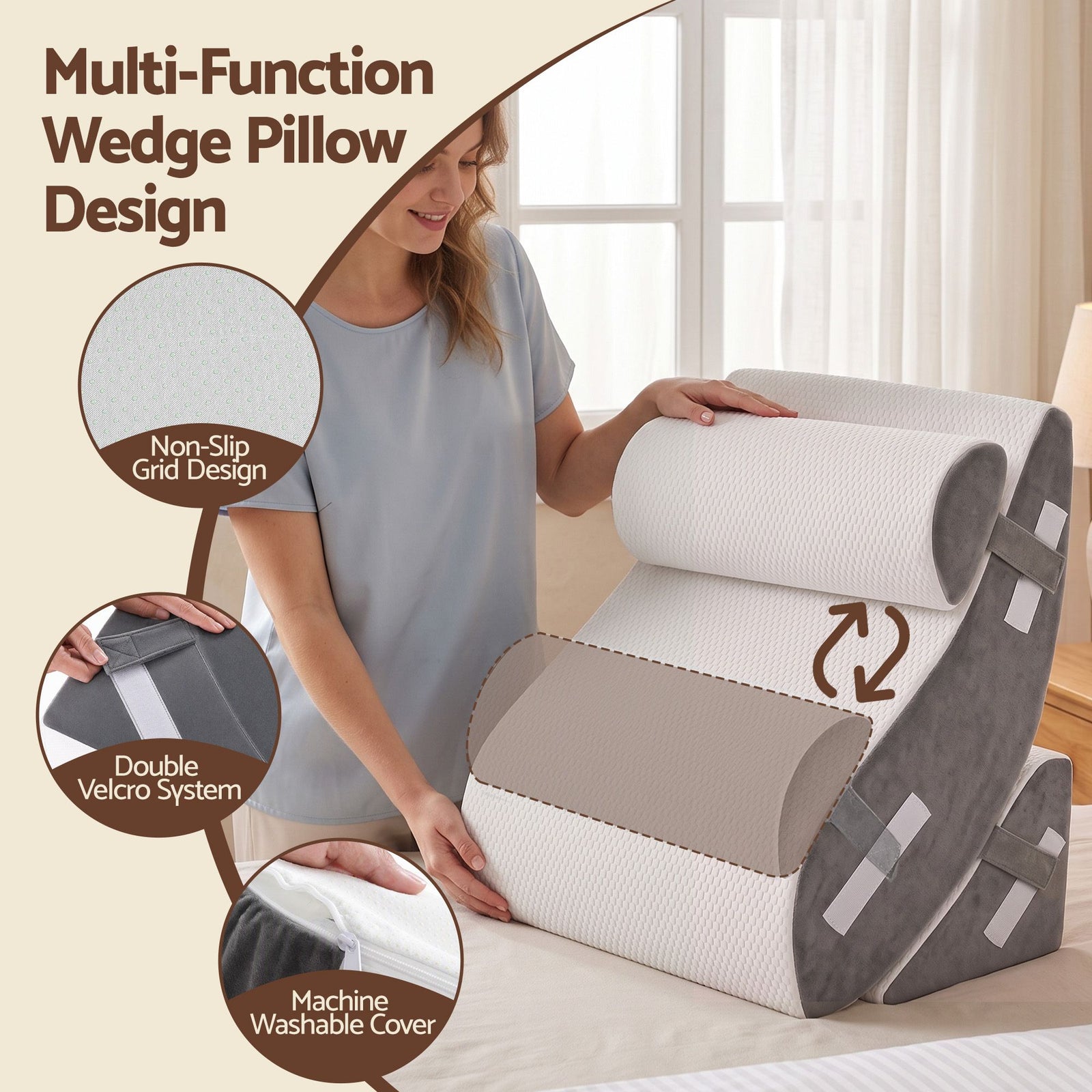 Giselle 4PCS Orthopedic Bed Wedge Pillow Set Anti-Slip Velcro System For Sleeping, 30D Gel Memory Foam Support Cushions For Acid Reflux And Leg Elevation