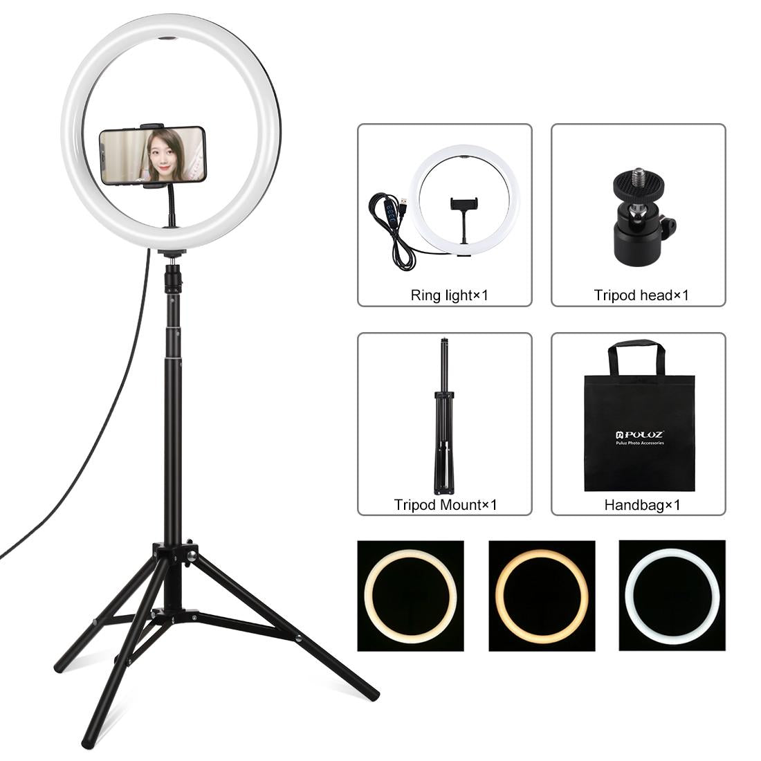 11.8 Led Ring Light With Tripod And Phone Clamp - 3 Modes Dual Colour Temperature Dimmable - Black-1915196705314312192