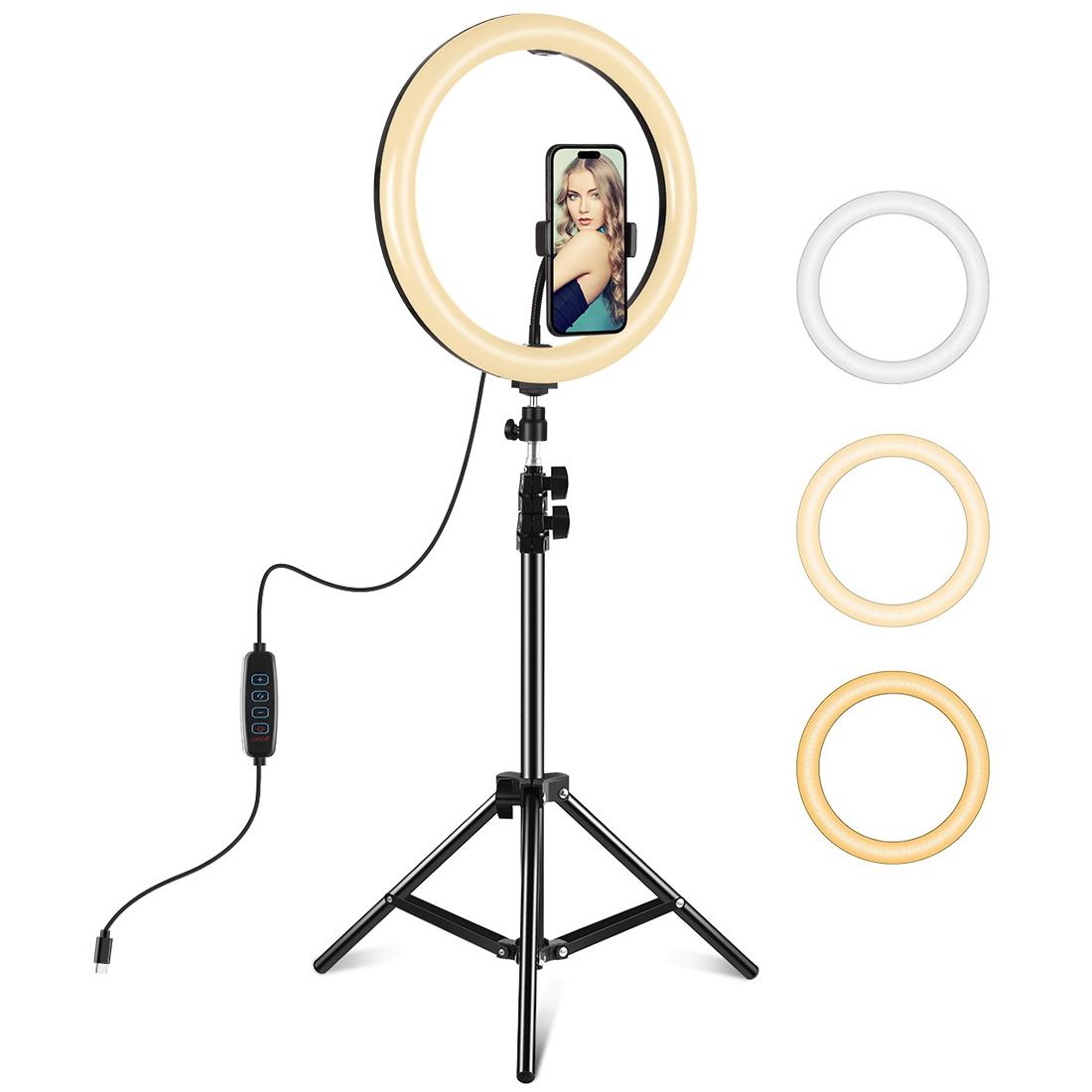 11.8 Led Ring Light With Tripod And Phone Clamp - 3 Modes Dual Colour Temperature Curved Surface - Black-1915196495787855872