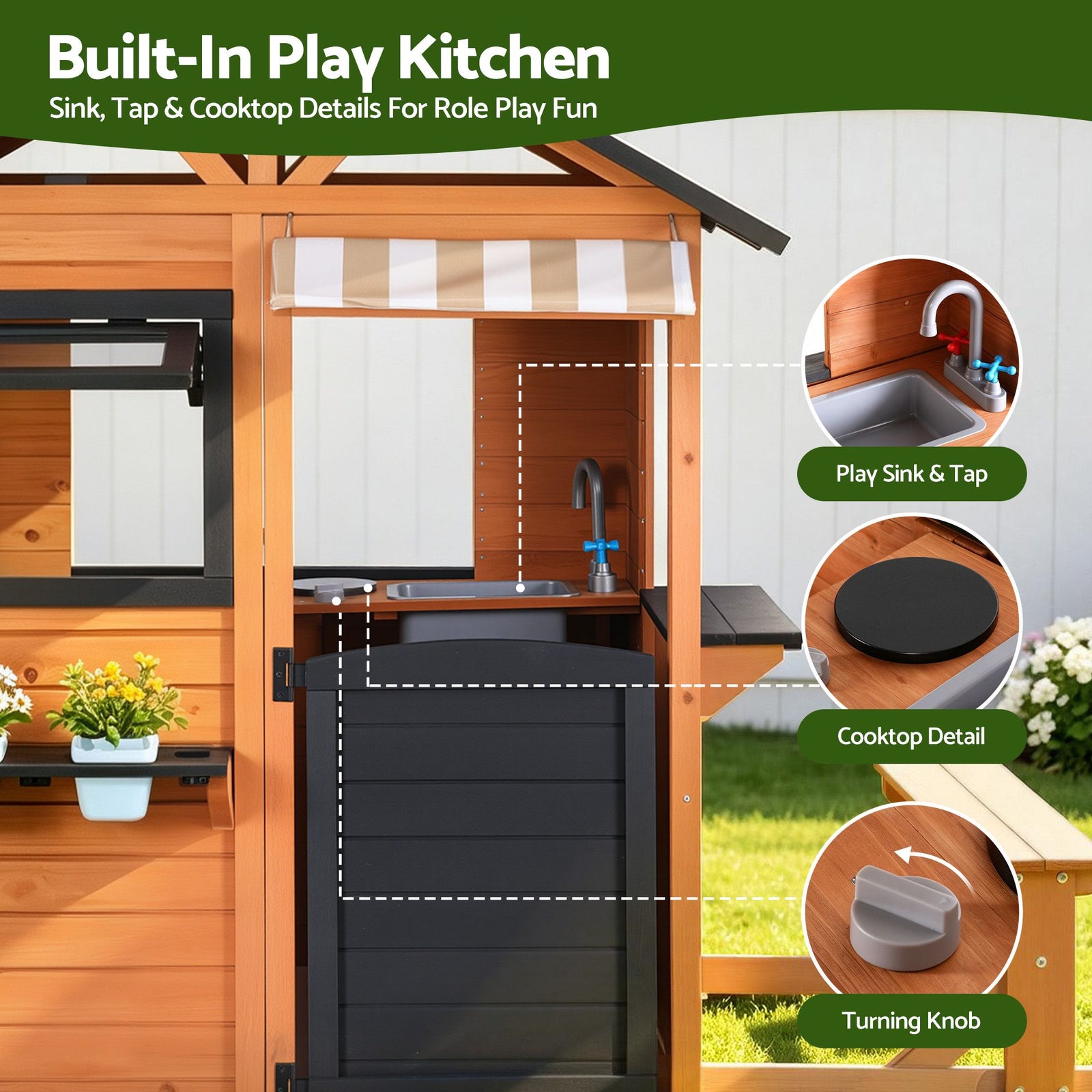 Keezi Kids Pretend Kitchen Wooden Cubby House Outdoor Playhouse Side Bench