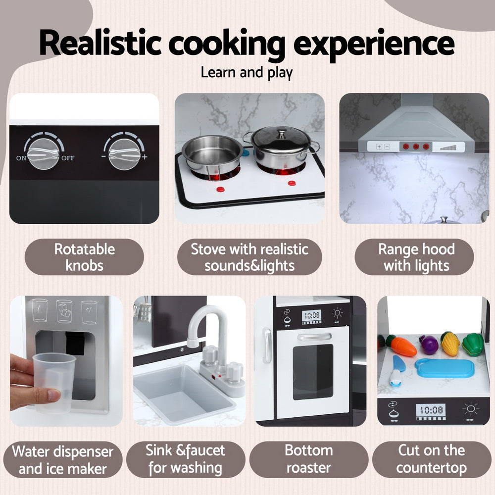 Keezi Kids Kitchen Play Set Wooden Pretend Cooking Playset w/Sounds Lights Black