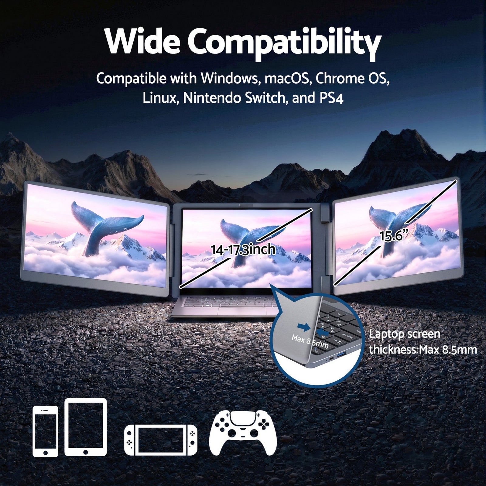 Devanti Triple Portable Monitor Laptop Screen Extender 15.6" Dual Display FHD IPS