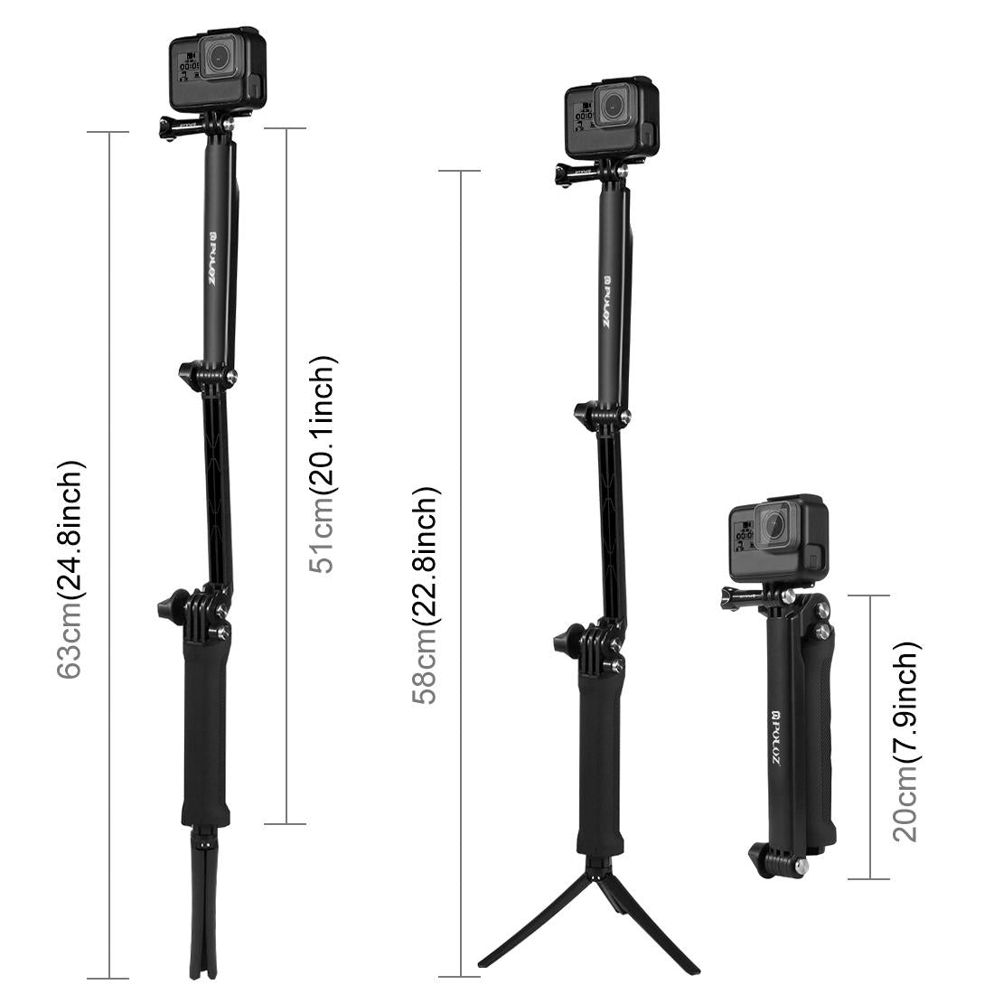 Foldable 3-Way Tripod Selfie Stick For Action Cameras - 20-58Cm Length-1915198109378547717