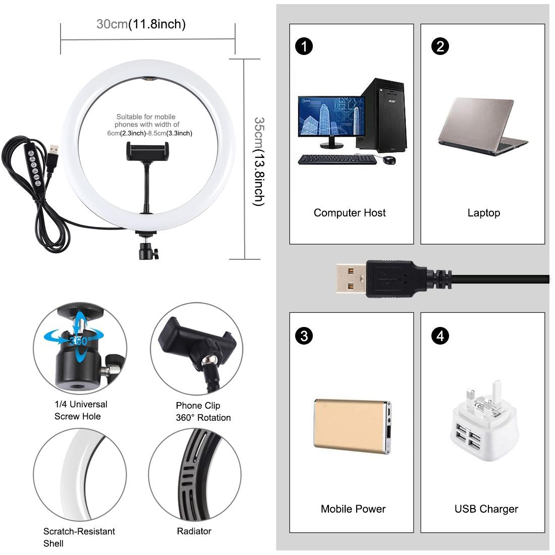 30Cm Curved Surface Led Ring Light With Tripod And Phone Clamp - 10 Modes 8 Colours Usb Powered-1915196749958483971