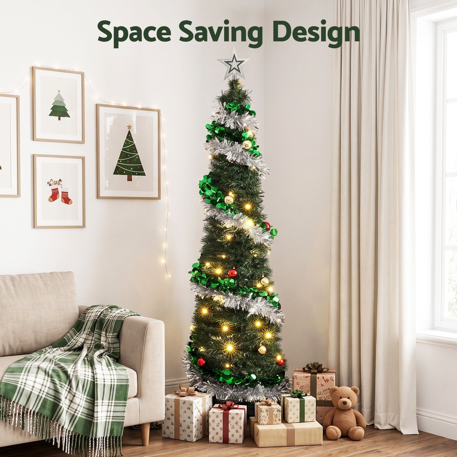 Jingle Jollys Pop Up Christmas Tree Pre Decorated Warm White LED 155cm