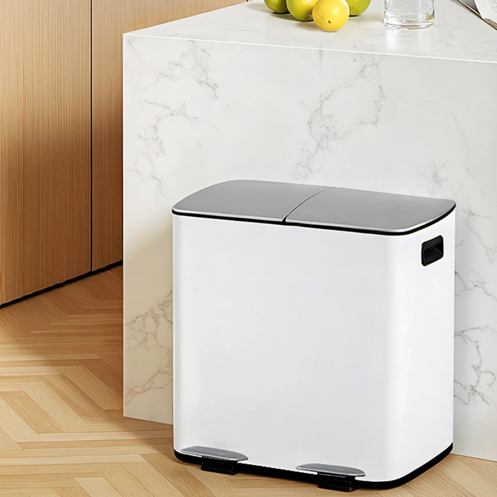 Cefito Pedal Bins Rubbish Bin Dual Compartment Waste Recycle Dustbins 40L White