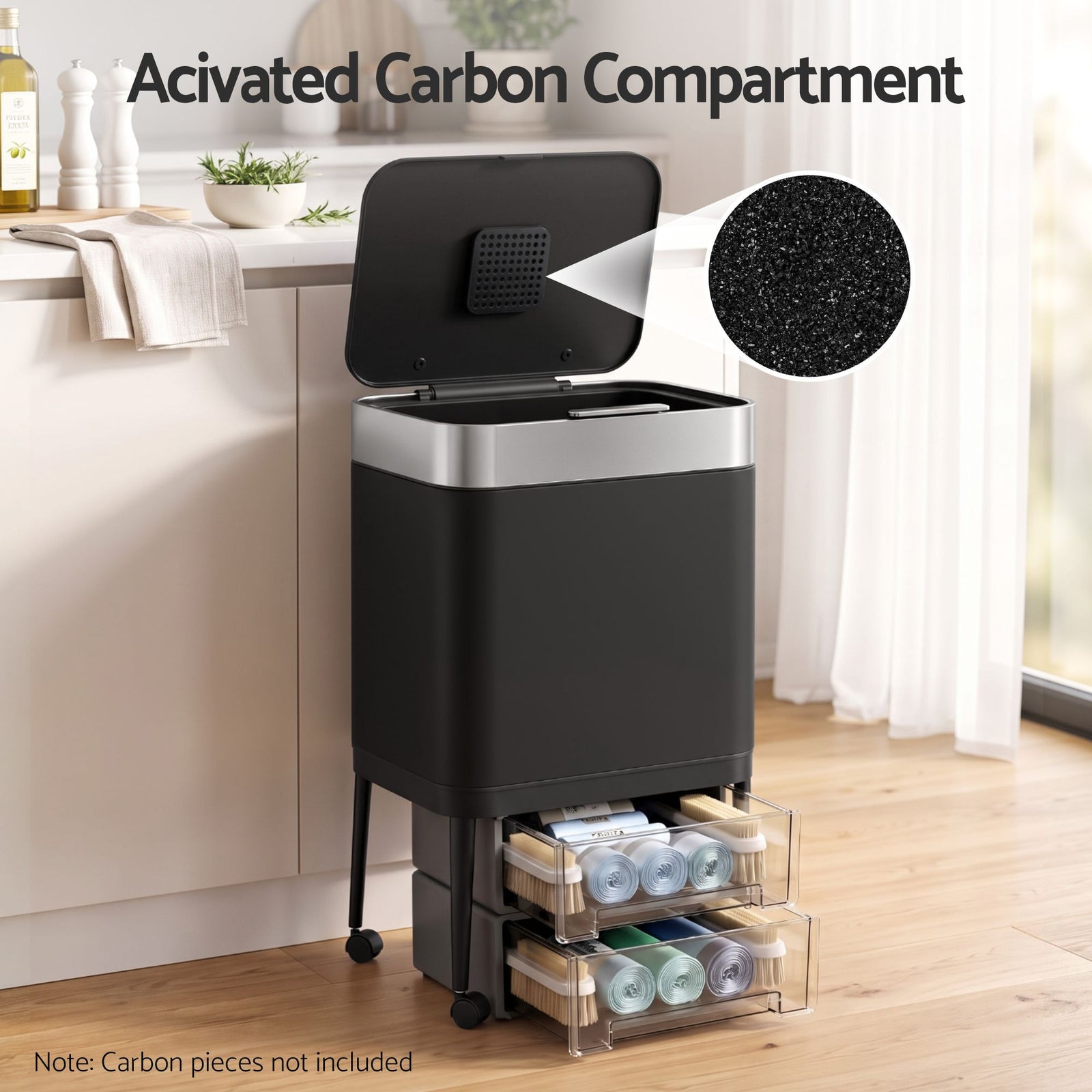 Cefito 40L Press Top Trash Can Kitchen Rubbish Bin Moblie Stainless Steel Black