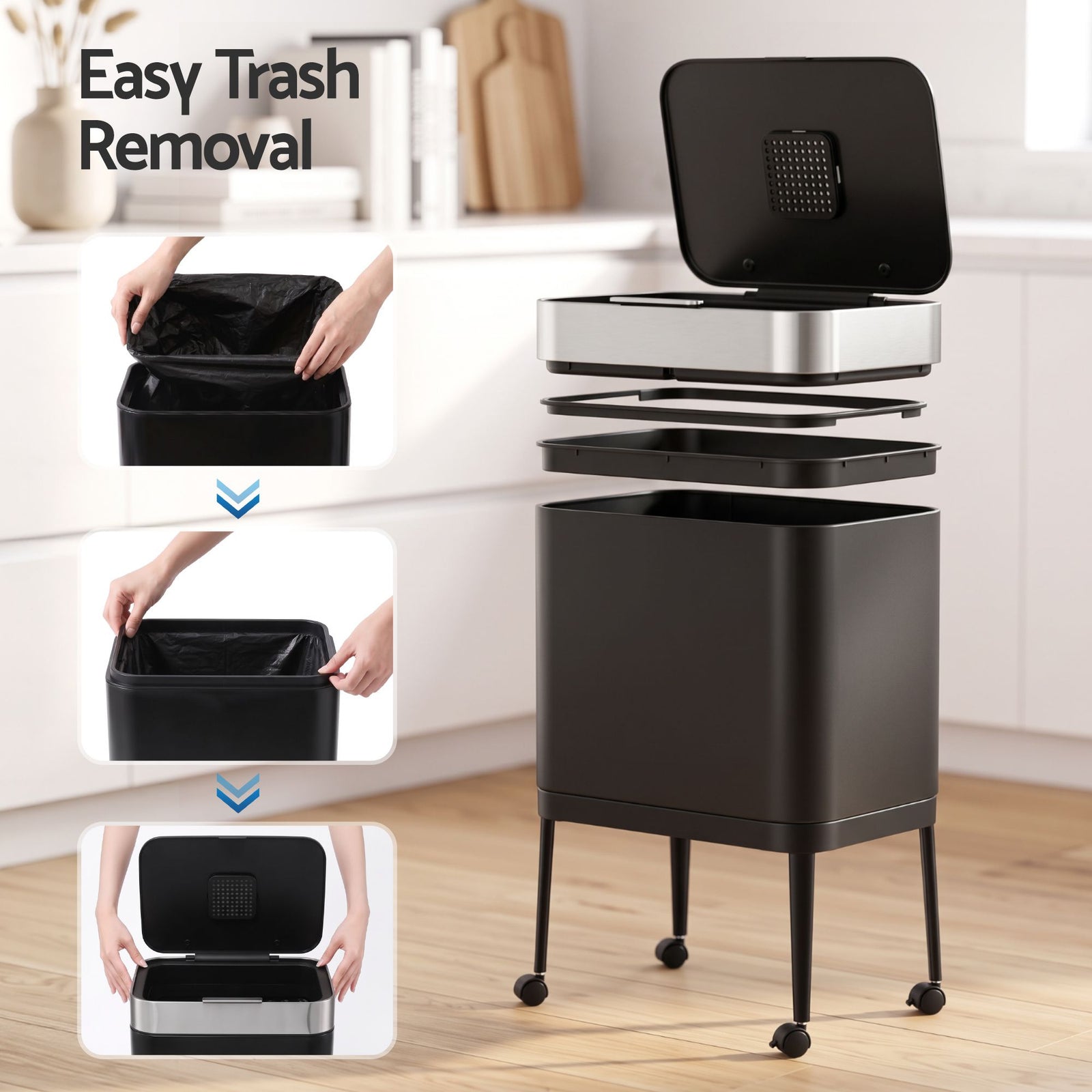 Cefito 40L Press Top Trash Can Kitchen Rubbish Bin Moblie Stainless Steel Black