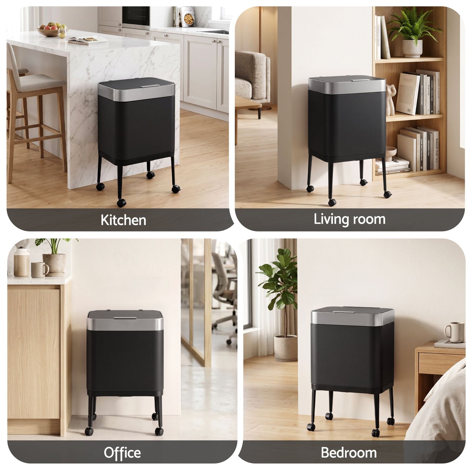 Cefito 40L Press Top Trash Can Kitchen Rubbish Bin Moblie Stainless Steel Black
