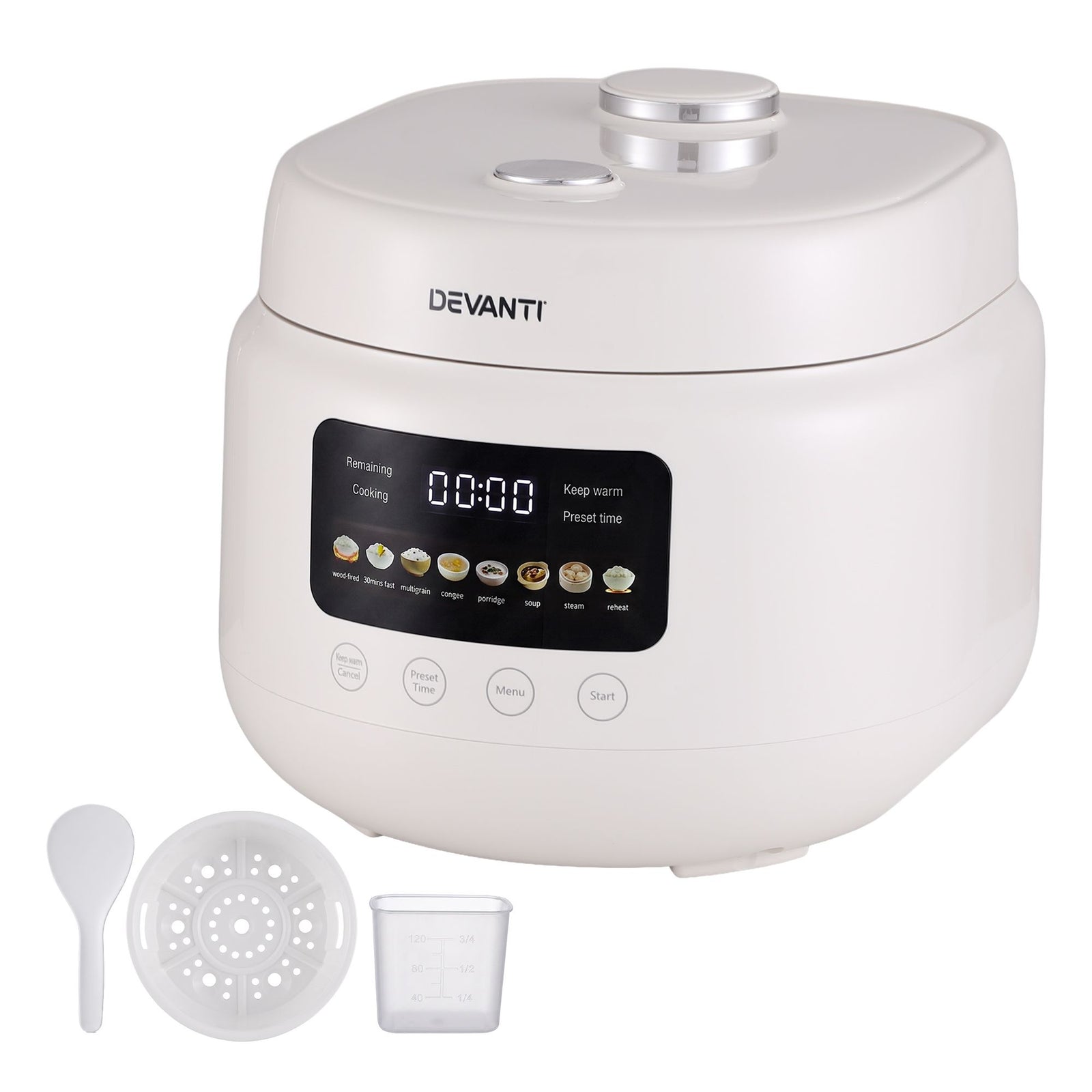 Devanti 3L Rice Cooker Small 6 Cup 8-in-1 Multi Cooker with 24H Preset Off-White