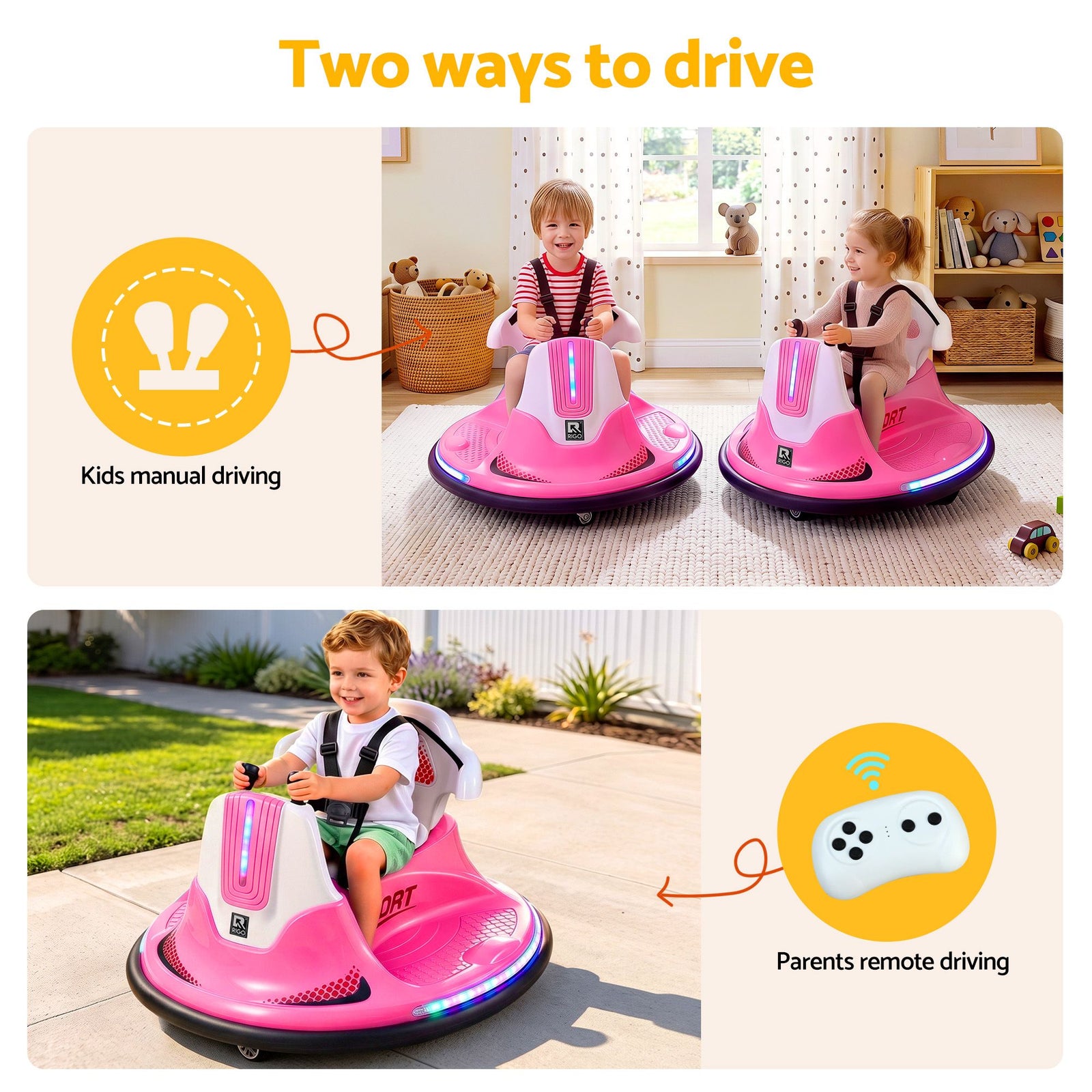 Rigo Ride on Cars Kids Bumper 12V Ride on Toy Toddler Remote Control Pink